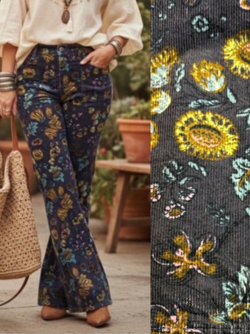 Anthropologie X Pilcro The Icon Flare Low-Rise Corduroys In Gray Floral Size 26